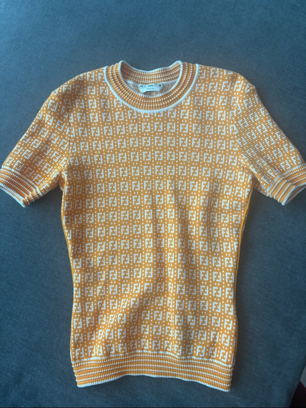 Authentic Fendi orange & White Patterned Knit Short-Sleeve Sweater